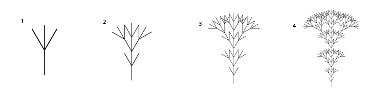 Trees through 4 iterations of a Lindenmayer ruleset